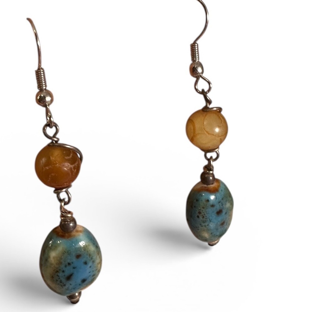 Unbranded Drop‎ Earrings Womens OS Teal Amber Good Ceramic Stone Boho Artisanal